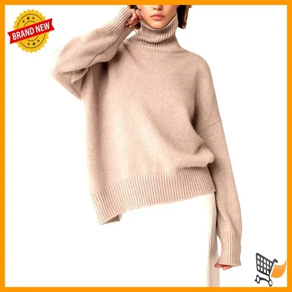 Chunky Knit Turtleneck Sweater Oversized Pullover High Low Hem Trendy Fall - Picture 1 of 7